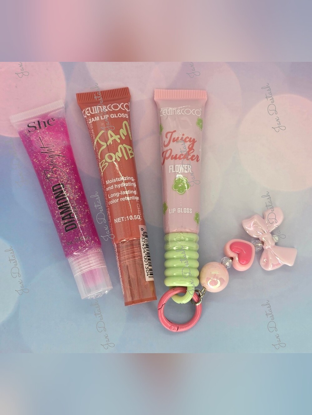 Glitter Lip Gloss + Cute Pink Keychain Bundle Set